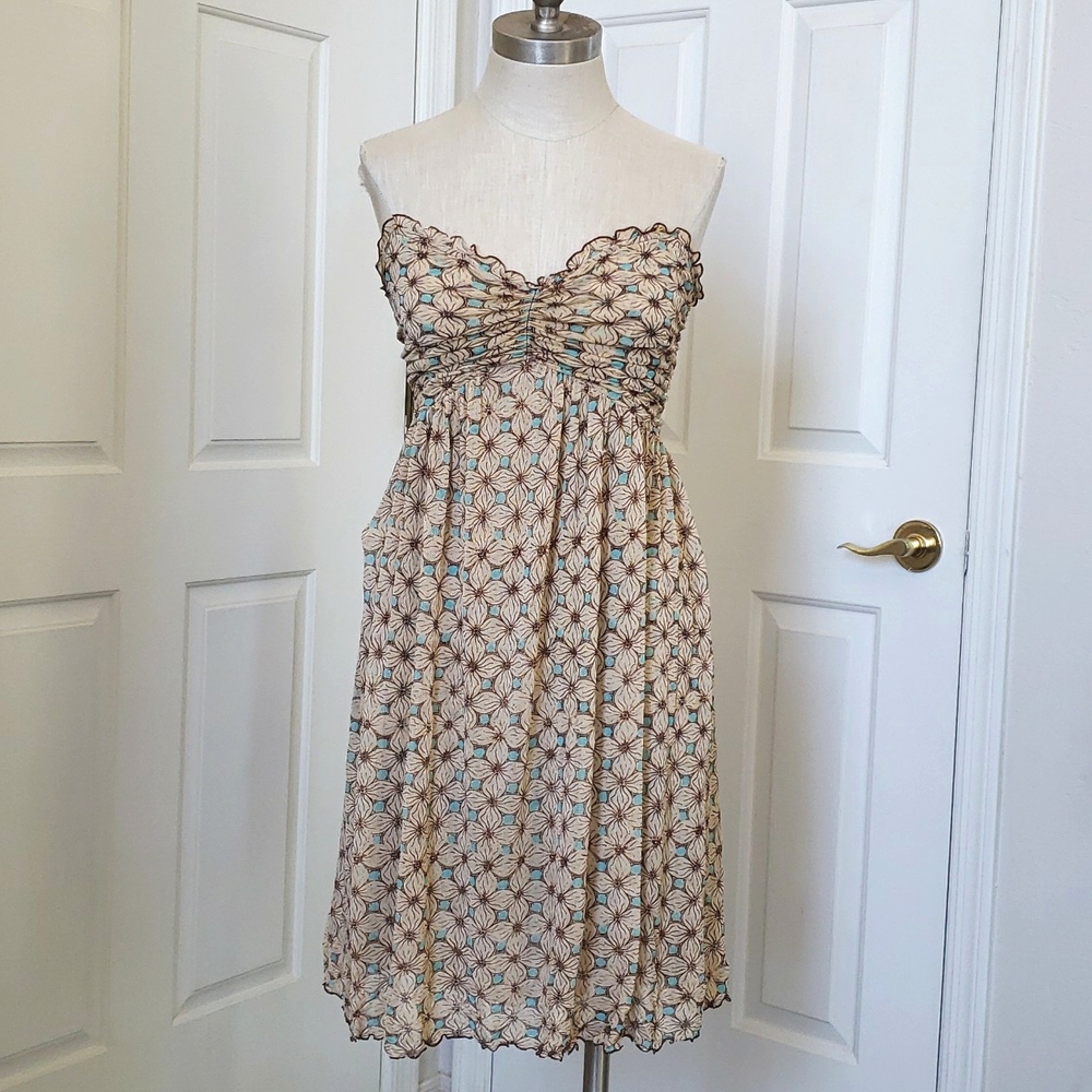 💐 Vintage Diane von Furstenberg Silk Strapless Boho Dress Beige Turquoise  • 8 - Picture 3 of 13